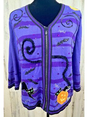 Vtg Jack B. Quick Womens Halloween Sweater Size L Beaded Black Cats Sequins EUC